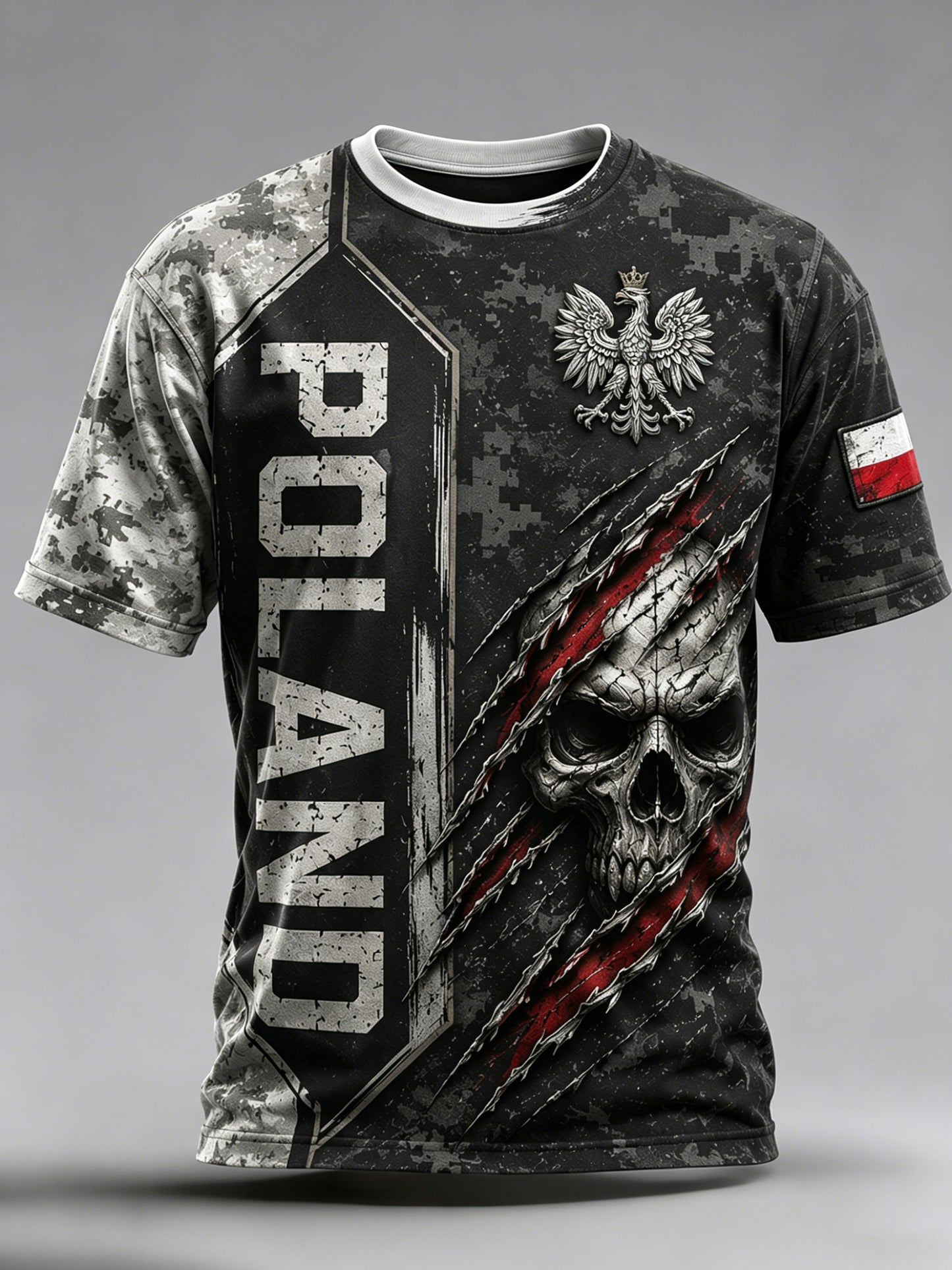 Męski T-shirt z polskimi elementami kamuflażowymi i artystycznym panelowym nadrukiem