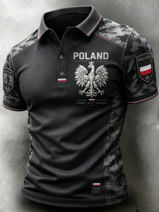 Męska koszulka polo z polskimi elementami kamuflażu i wojskowym nadrukiem artystycznym