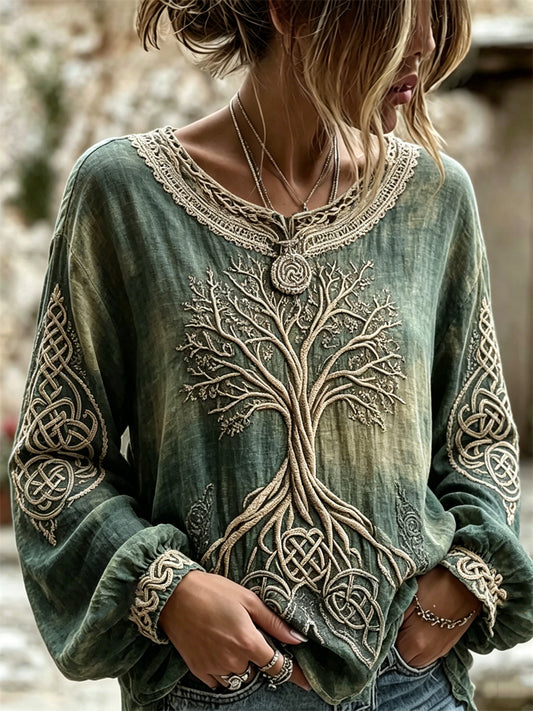 Damski Vintage Viking Tree of Life Celtic Knot bielony nadruk bawełniany-koszula lniana