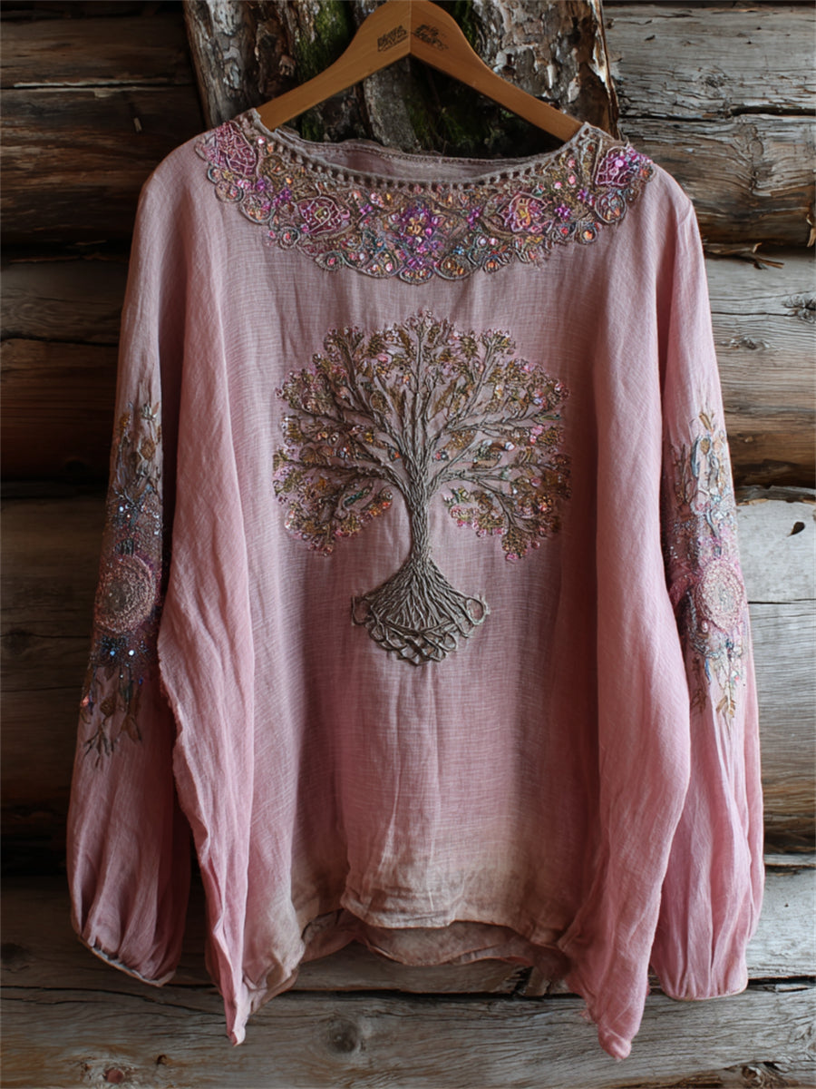 Damska koszulka bawełniana z nadrukiem w stylu vintage Boho Viking Tree of Life