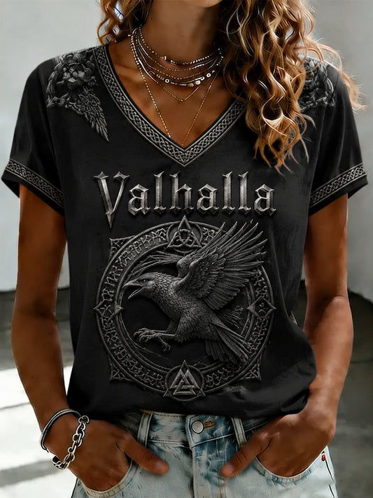 Damski T-shirt z nadrukiem i dekoltem w kształcie litery V Valhalla