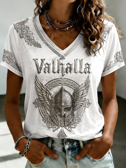 Damski T-shirt z nadrukiem i dekoltem w kształcie litery V Valhalla