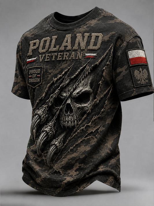 Męski koszulka w stylu casual z polskim nadrukiem artystycznym, w kolorze moro, w stylu retro z efektem przetarcia