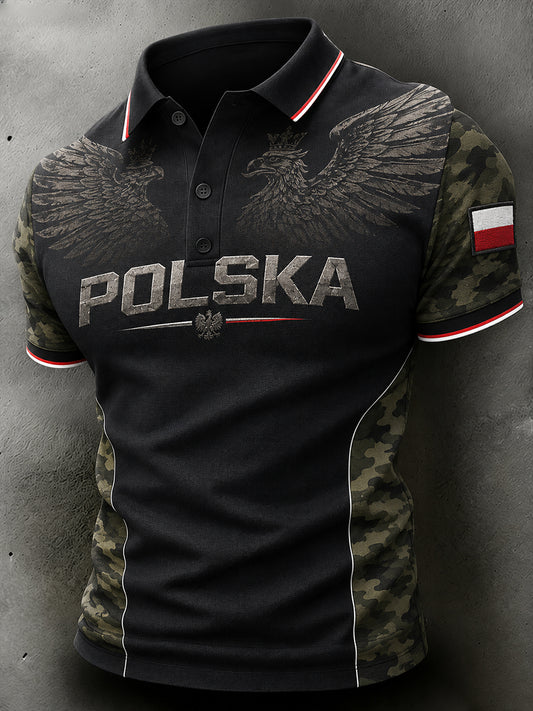 Męska koszulka polo z krótkim rękawem, w stylu wojskowym, z nadrukiem orła