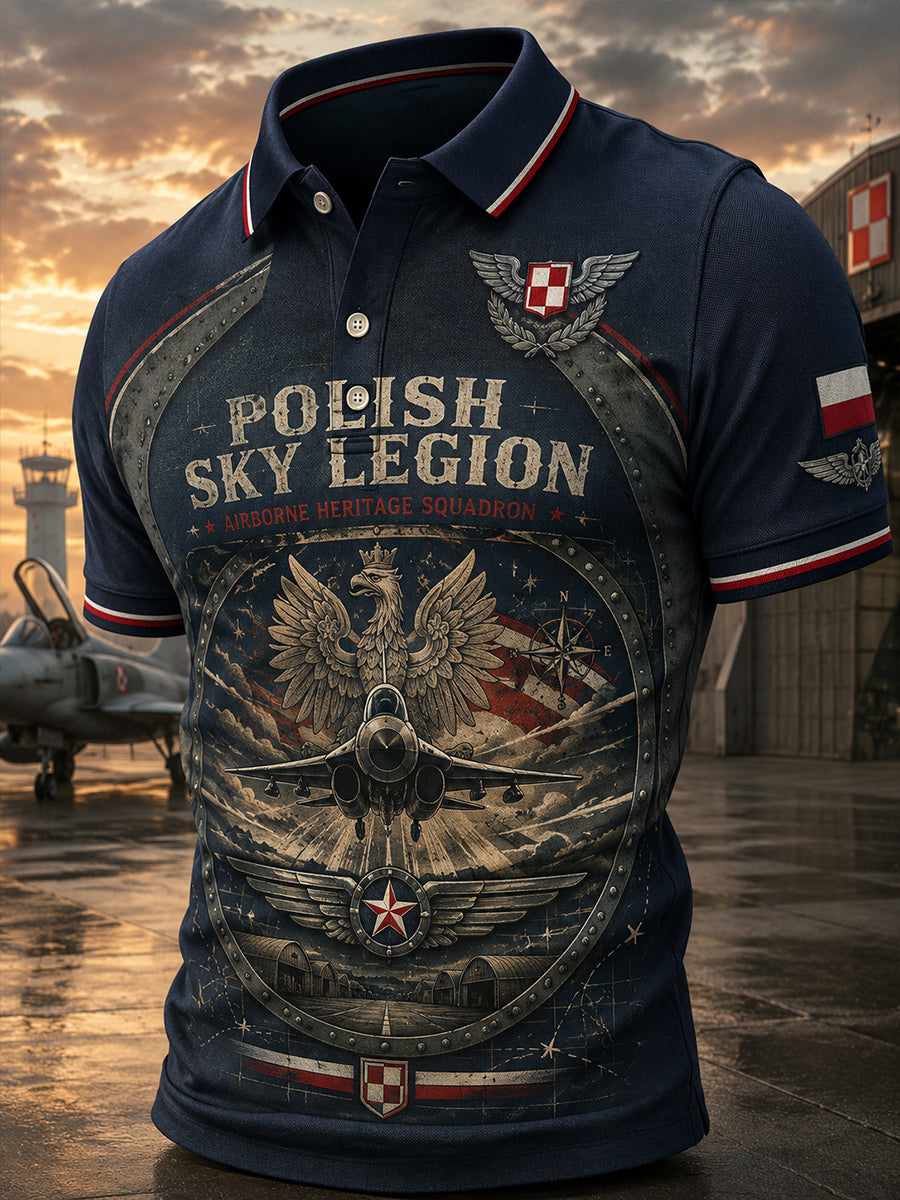 Męski koszulowy polo w stylu retro wojskowym z krótkim rękawem i nadrukiem