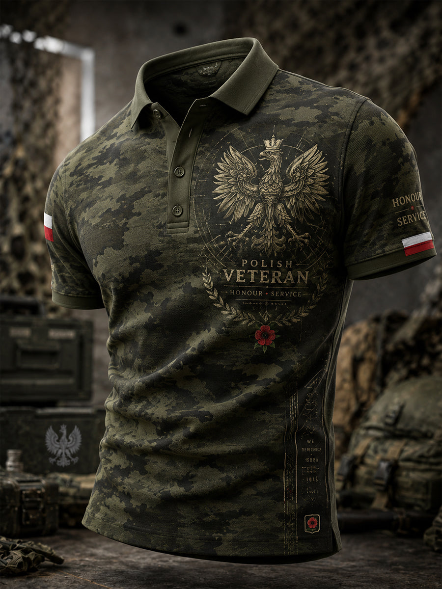 Męska koszulka polo w stylu vintage z krótkim rękawem i wzorem moro
