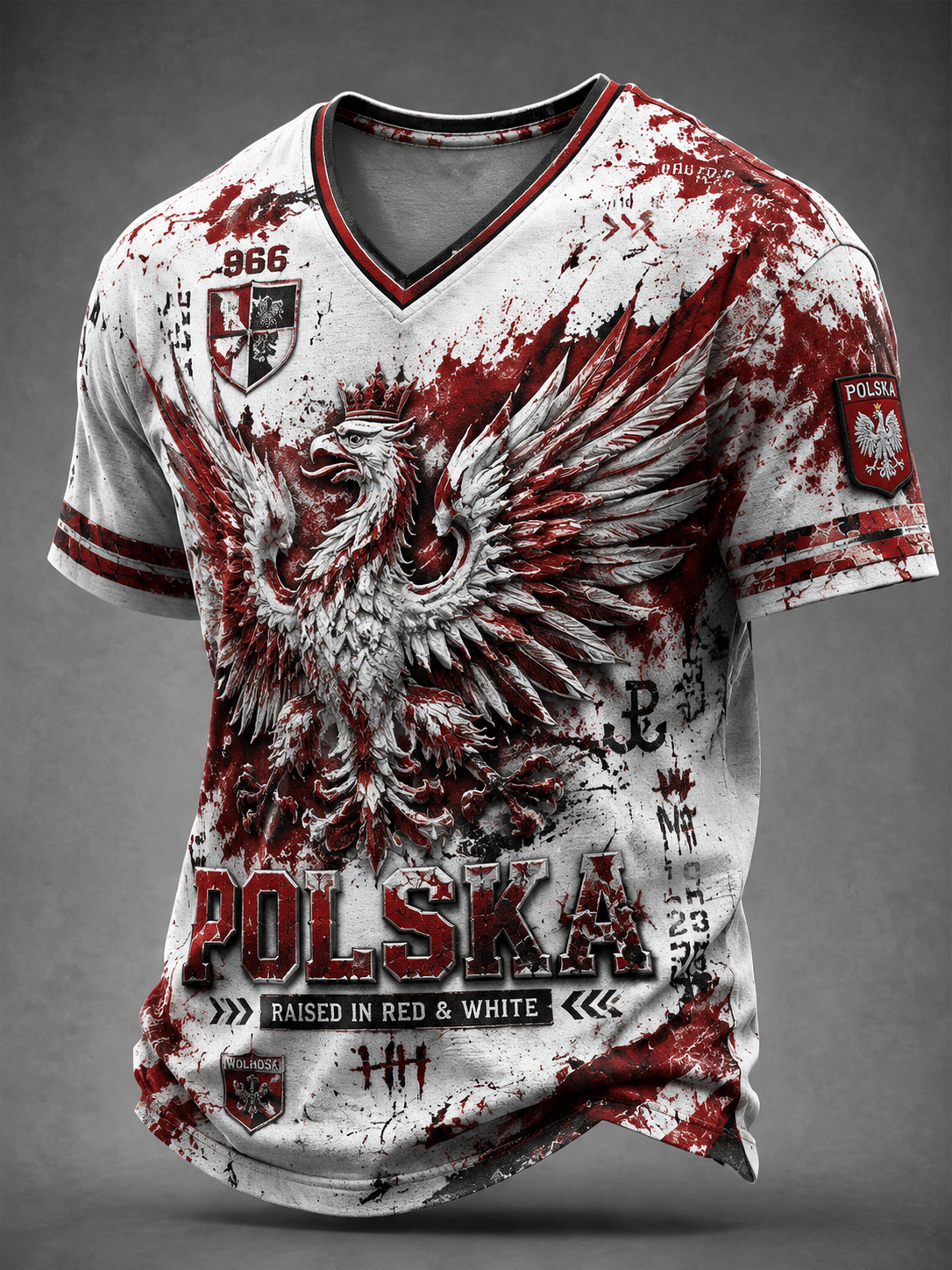 Męski t-shirt z V-kształtnym dekoltem w kolorze polskiej flagi