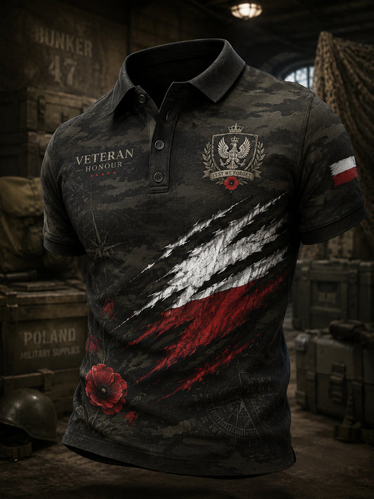 Męska koszulka polo w stylu vintage z krótkim rękawem i wzorem moro