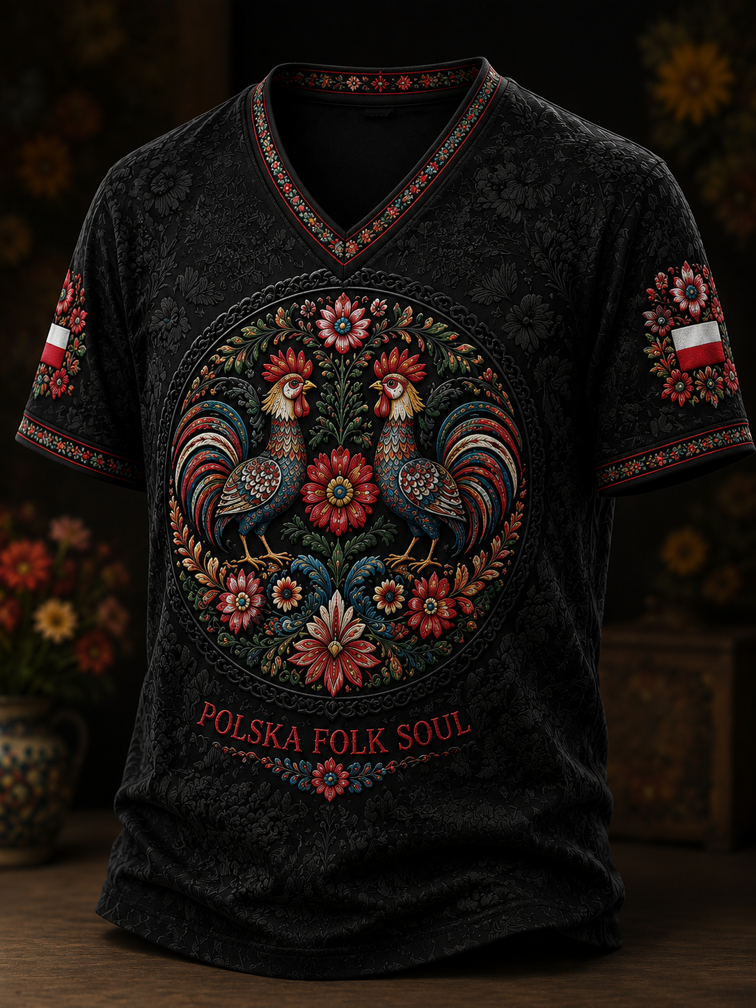 Męski t-shirt z V-kształtnym dekoltem w kolorze polskiej flagi