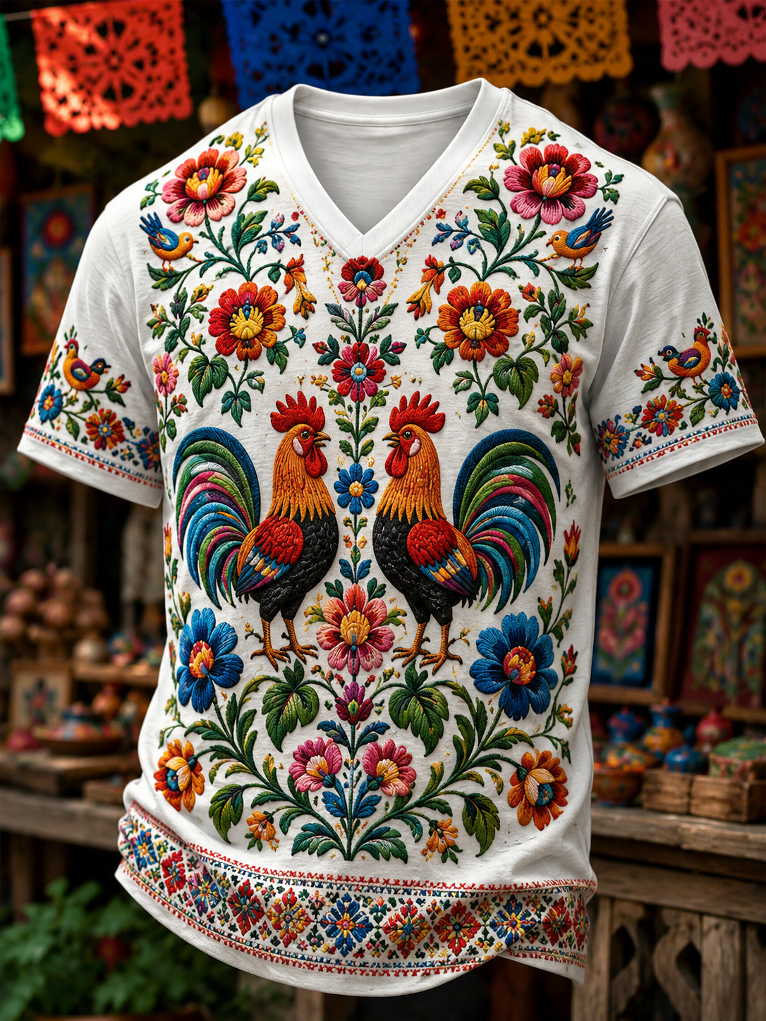 Męski t-shirt z dekoltem w kształcie litery V z polskimi kwiatami