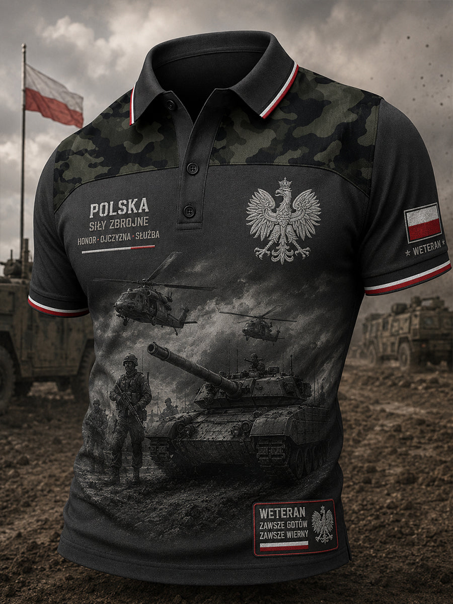 Męski koszulowy polo z krótkim rękawem i wiktoriańskim nadrukiem w stylu wojskowym
