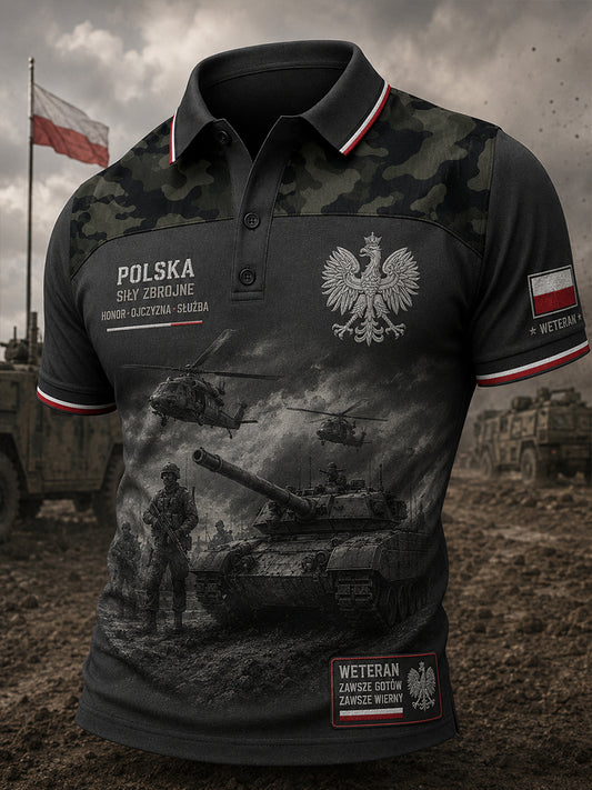Męski koszulowy polo z krótkim rękawem i wiktoriańskim nadrukiem w stylu wojskowym