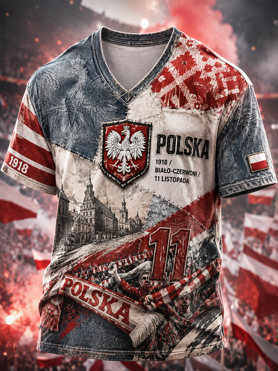 Męski t-shirt z dekoltem w kształcie litery V na Dzień Niepodległości Polski