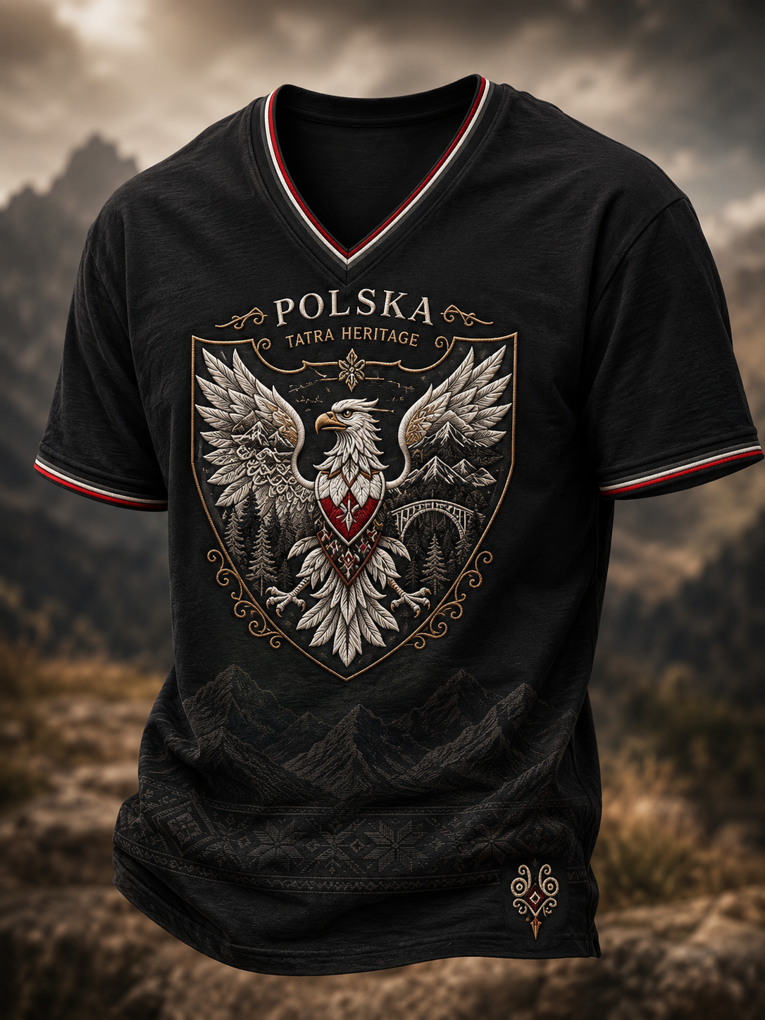 Męski t-shirt z V-kształtnym dekoltem z Polską