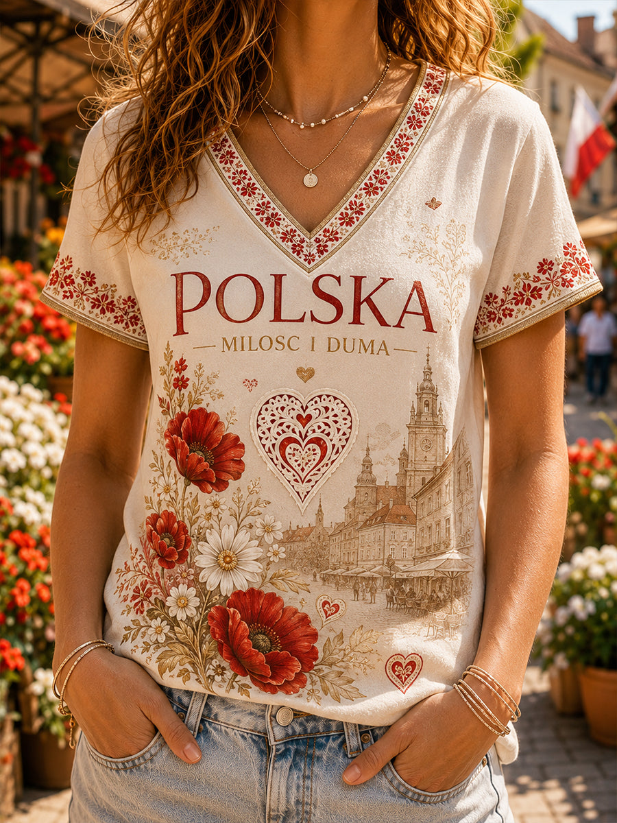 Damski t-shirt na co dzień z wiktoriańskim polskim nadrukiem artystycznym