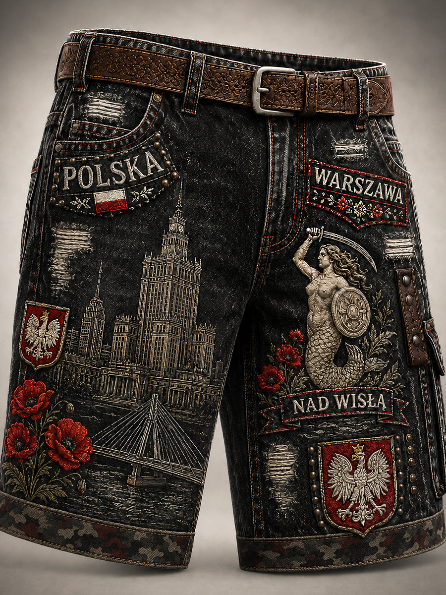Męskie spodnie cargo w stylu casual z polskim nadrukiem artystycznym w stylu vintage