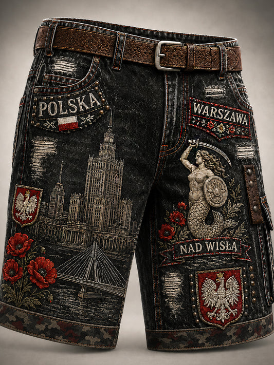 Męskie spodnie cargo w stylu casual z polskim nadrukiem artystycznym w stylu vintage