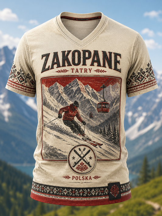 Męski t-shirt z dekoltem w kształcie litery V na polski góralski festiwal Zakopane