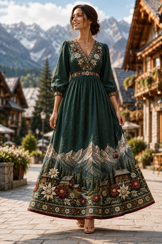 Damska bawełniano-lniana sukienka w stylu retro na polski góralski festiwal z Zakopanego