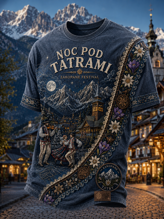 Męski t-shirt z krótkim rękawem z motywem górskiego festiwalu ludowego w Zakopanem