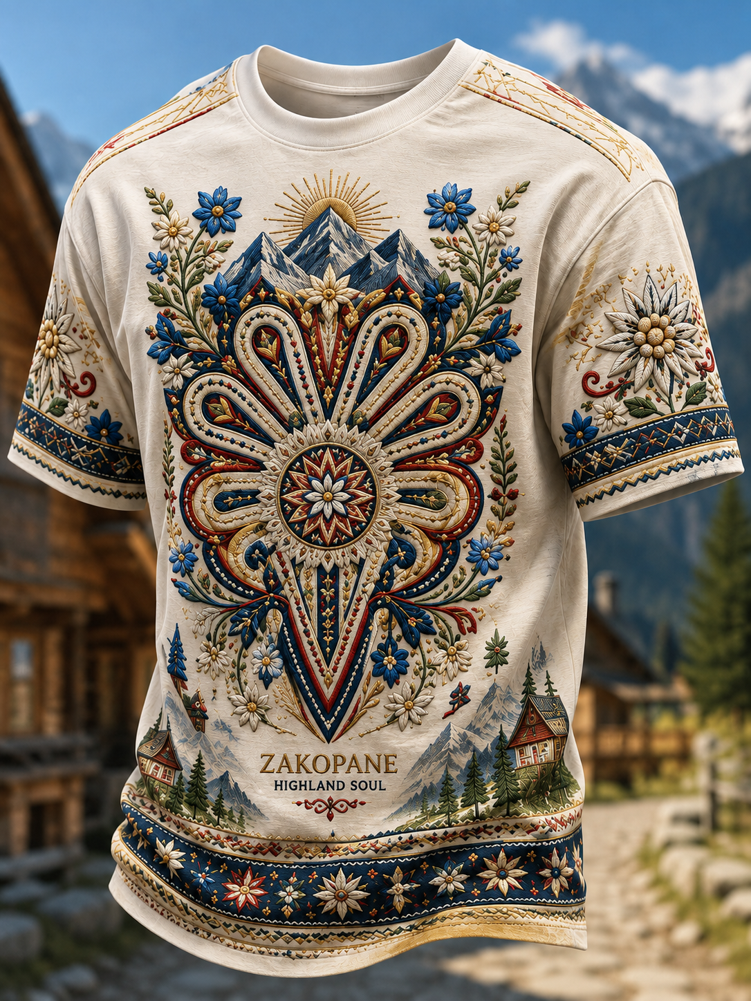 Męski t-shirt z krótkim rękawem z motywem górskiego festiwalu ludowego w Zakopanem