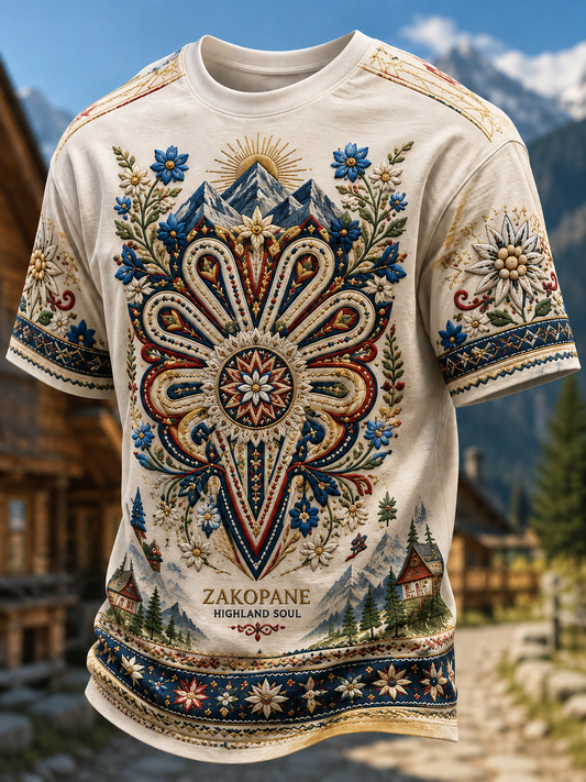Męski t-shirt z krótkim rękawem z motywem górskiego festiwalu ludowego w Zakopanem