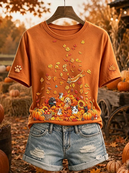 Damska koszulka z krótkim rękawem dla psów i kotów Fall Art Print