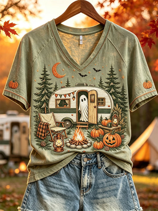 Damska koszulka z krótkim rękawem Halloween Ghost Fall RV Camping Print