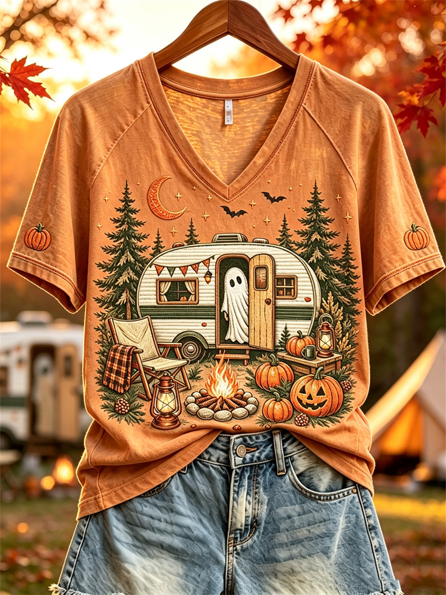 Damska koszulka z krótkim rękawem Halloween Ghost Fall RV Camping Print