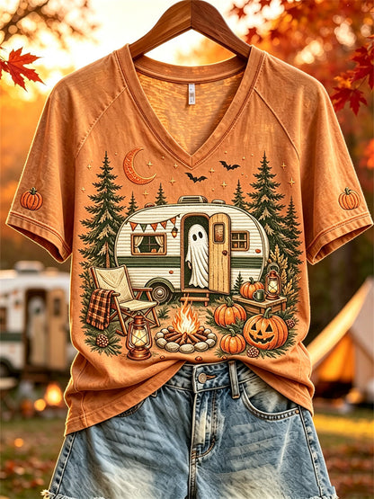 Damska koszulka z krótkim rękawem Halloween Ghost Fall RV Camping Print