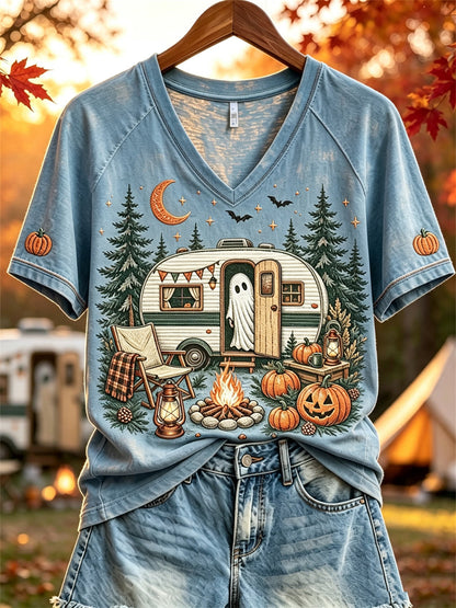 Damska koszulka z krótkim rękawem Halloween Ghost Fall RV Camping Print