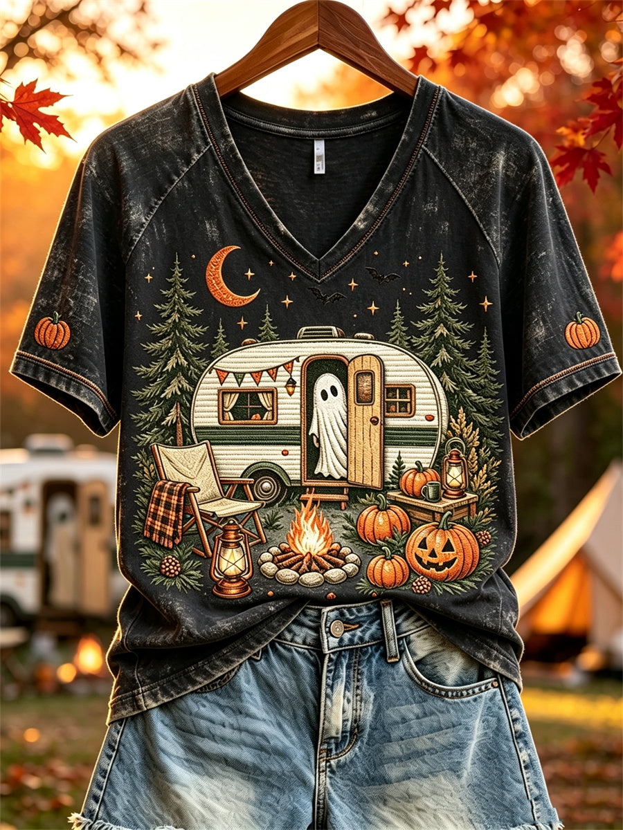 Damska koszulka z krótkim rękawem Halloween Ghost Fall RV Camping Print