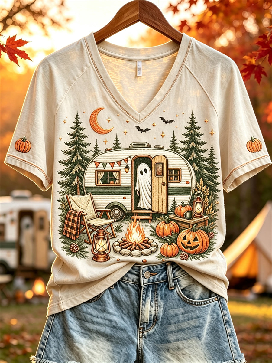 Damska koszulka z krótkim rękawem Halloween Ghost Fall RV Camping Print