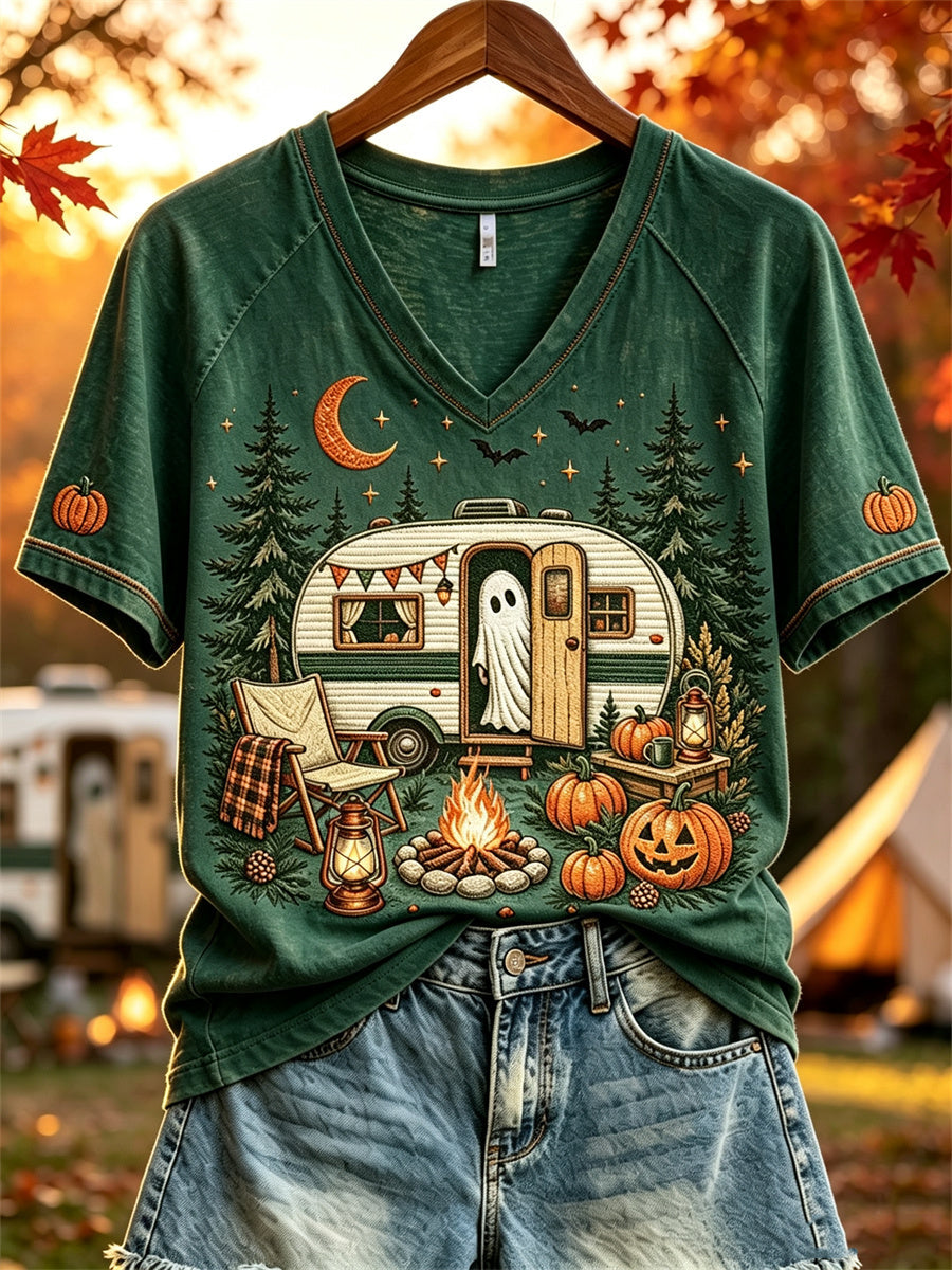Damska koszulka z krótkim rękawem Halloween Ghost Fall RV Camping Print