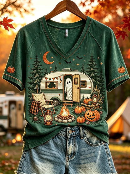 Damska koszulka z krótkim rękawem Halloween Ghost Fall RV Camping Print