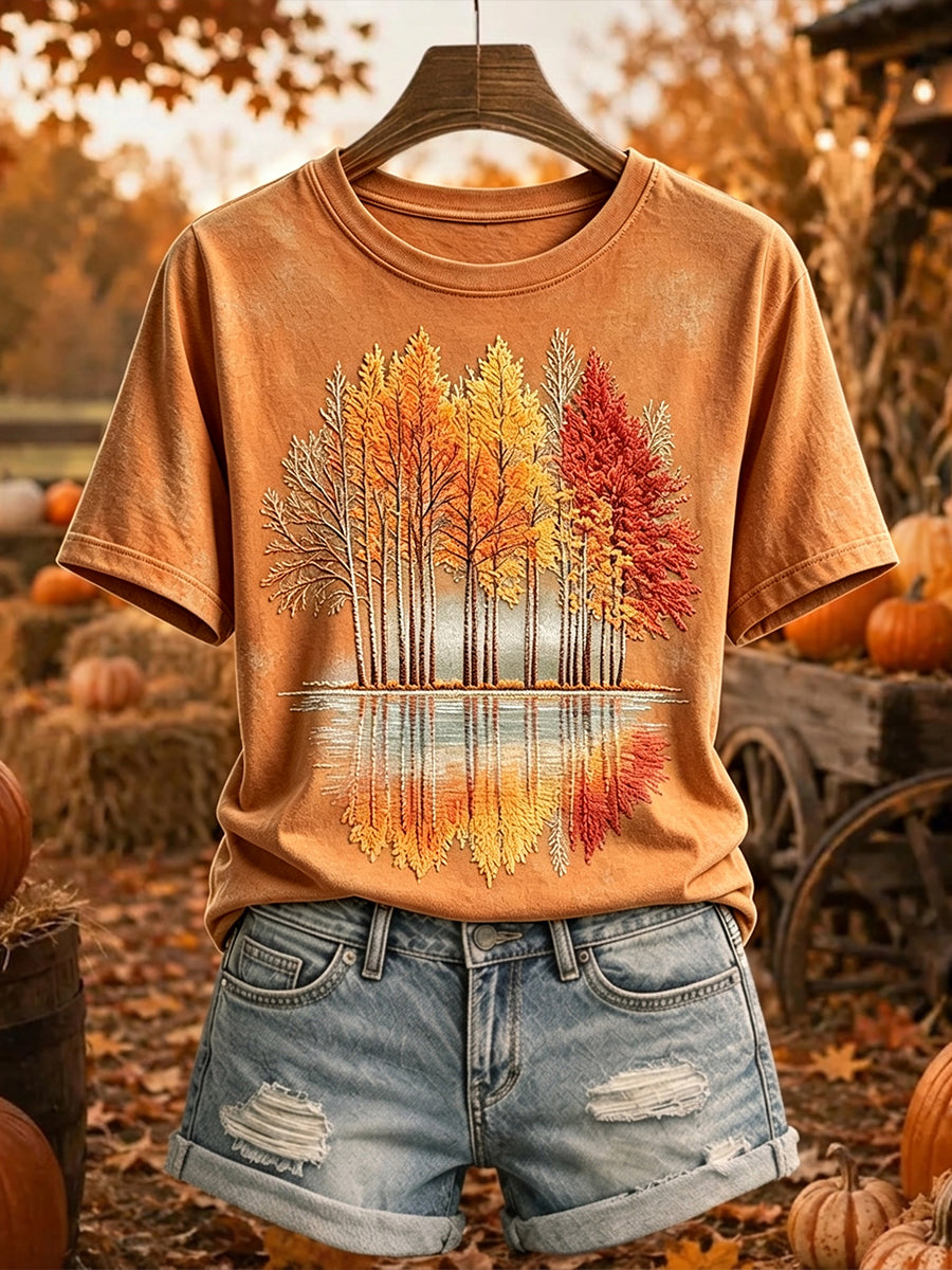 Damska koszulka z krótkim rękawem Vintage Autumn Trees Print Przytulna koszulka z krótkim rękawem