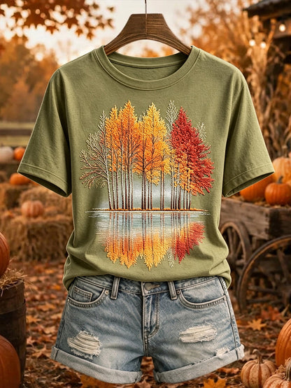Damska koszulka z krótkim rękawem Vintage Autumn Trees Print Przytulna koszulka z krótkim rękawem