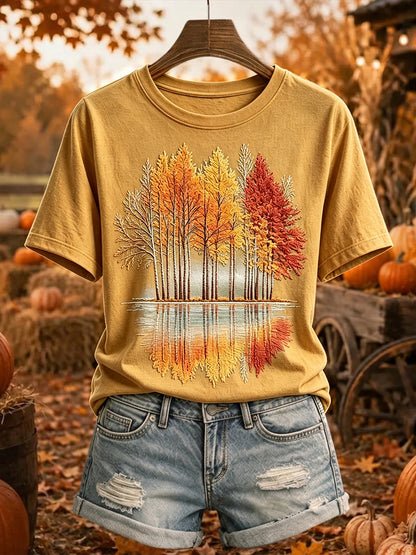 Damska koszulka z krótkim rękawem Vintage Autumn Trees Print Przytulna koszulka z krótkim rękawem