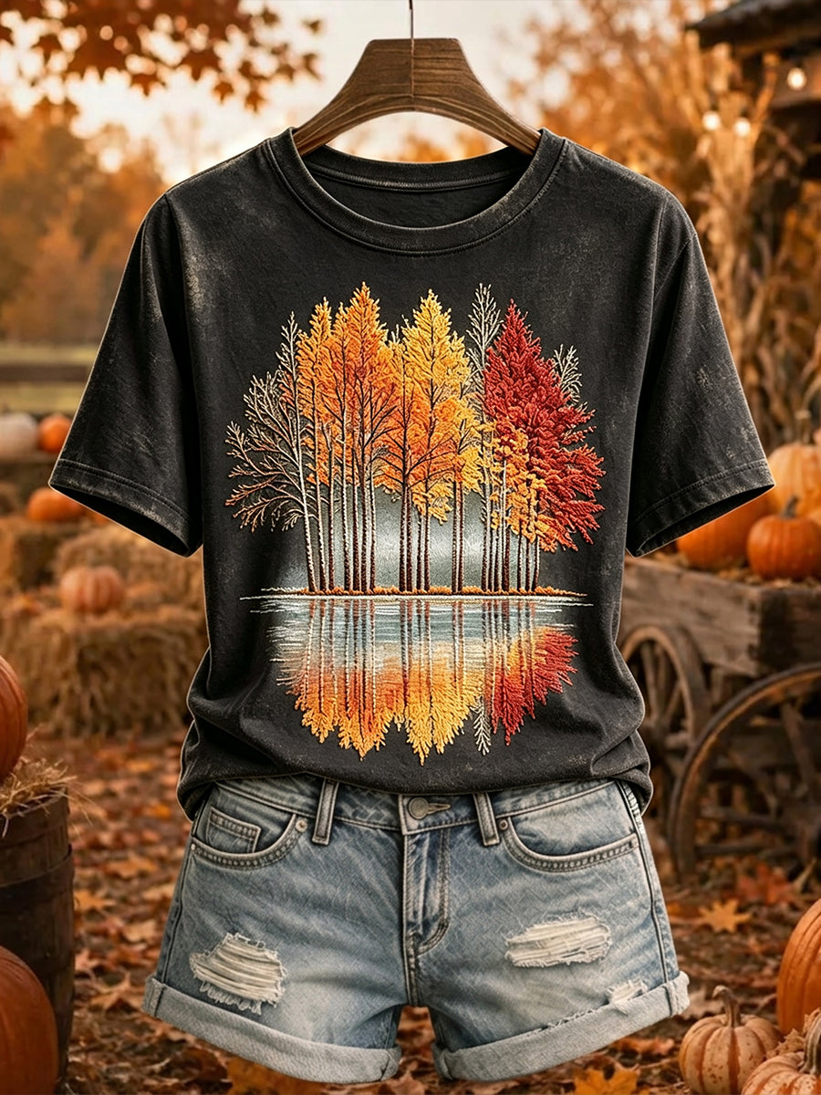Damska koszulka z krótkim rękawem Vintage Autumn Trees Print Przytulna koszulka z krótkim rękawem