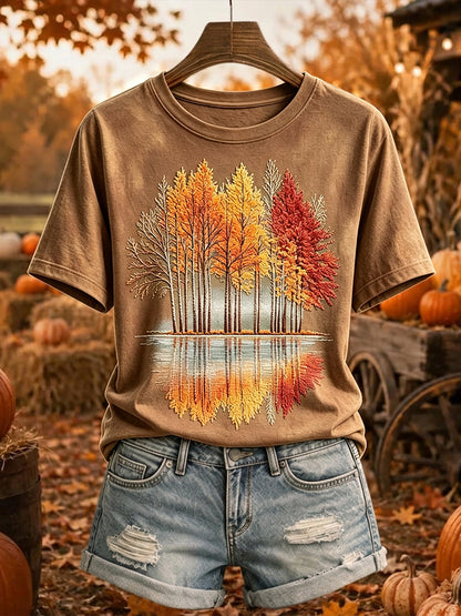 Damska koszulka z krótkim rękawem Vintage Autumn Trees Print Przytulna koszulka z krótkim rękawem