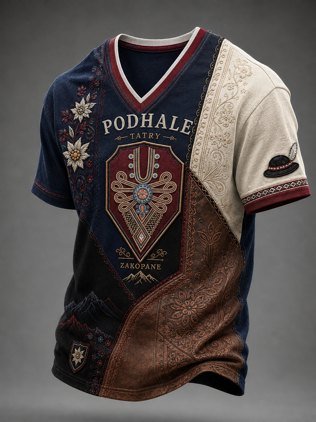 Męski t-shirt z dekoltem w kształcie litery V na polski góralski festiwal w Zakopanem