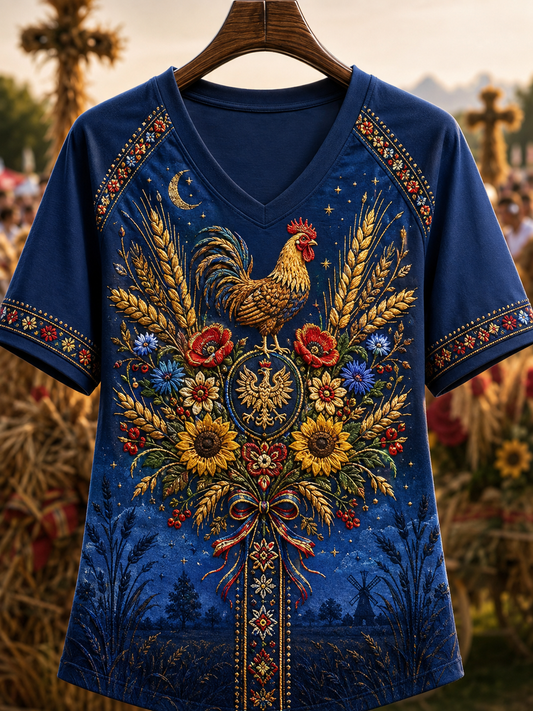 Damski t-shirt z dekoltem w kształcie litery V i odkrytymi ramionami, z krótkim rękawem, inspirowany polską Świętem Urodzajów