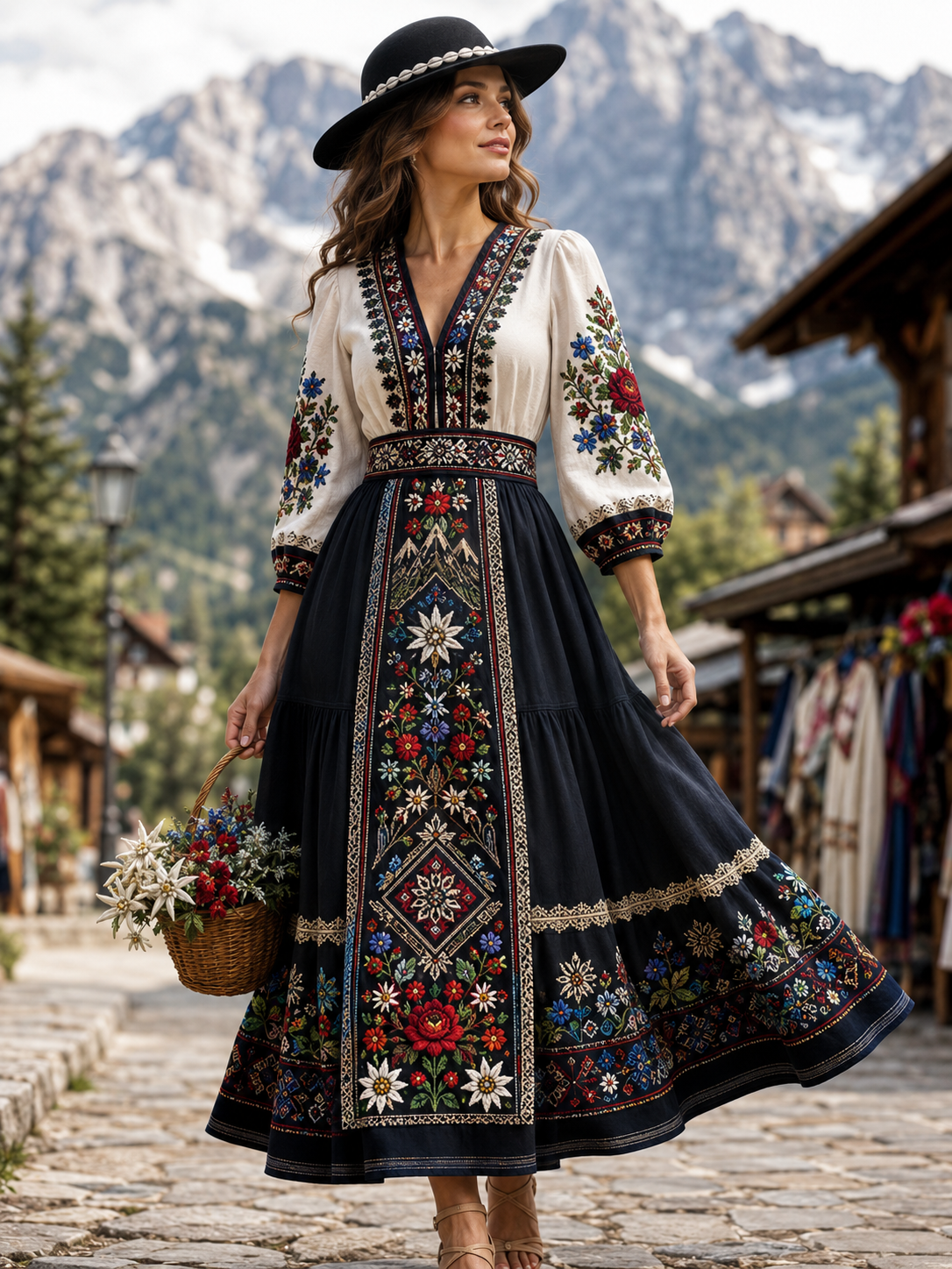 Damska bawełniano-lniana sukienka w stylu retro na polski góralski festiwal z Zakopanego
