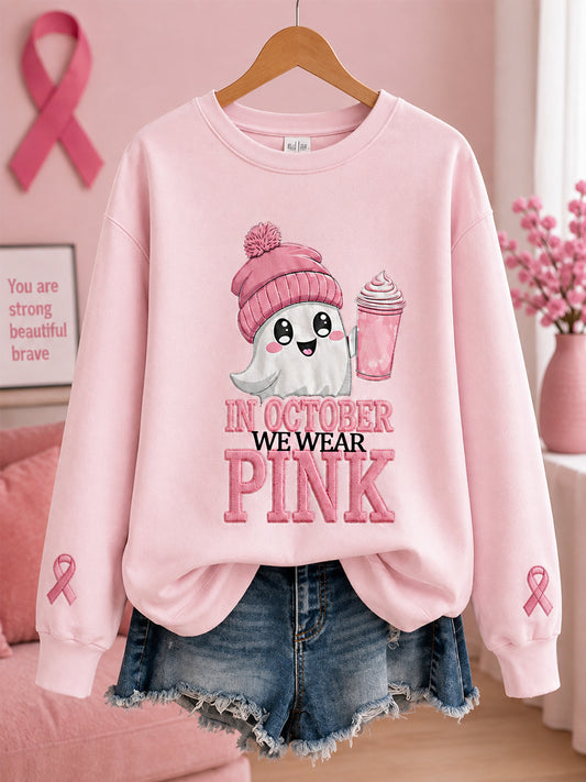 Damskie w październiku Nosimy różową bluzę na Halloween Pink Ghost Print Breast Cancer Awareness