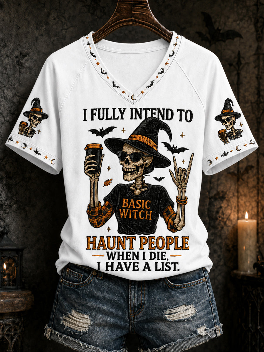 Damska zabawna halloweenowa czaszka czarownica z nadrukiem casualowa koszulka z dekoltem w szpic