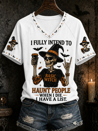 Damska zabawna halloweenowa czaszka czarownica z nadrukiem casualowa koszulka z dekoltem w szpic