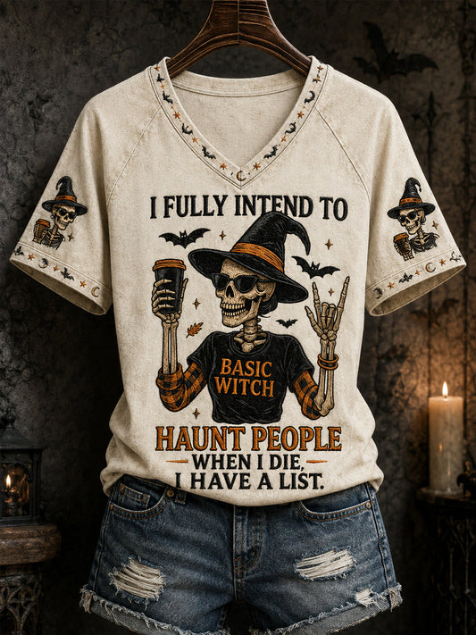 Damska zabawna halloweenowa czaszka czarownica z nadrukiem casualowa koszulka z dekoltem w szpic
