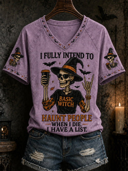 Damska zabawna halloweenowa czaszka czarownica z nadrukiem casualowa koszulka z dekoltem w szpic