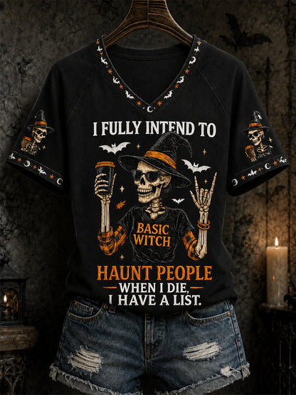 Damska zabawna halloweenowa czaszka czarownica z nadrukiem casualowa koszulka z dekoltem w szpic