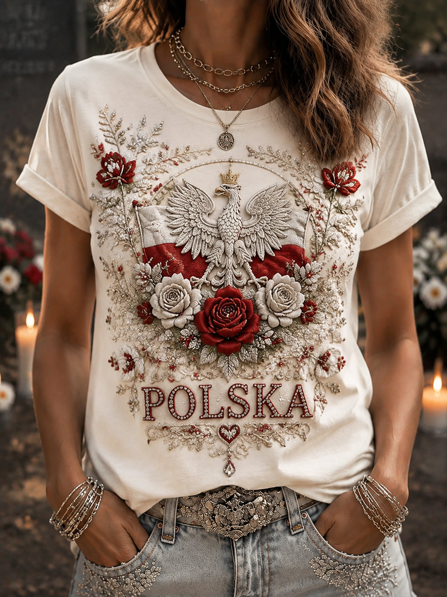 Damski koszulka w stylu retro z polskim orłem i kwiatowym wzorem